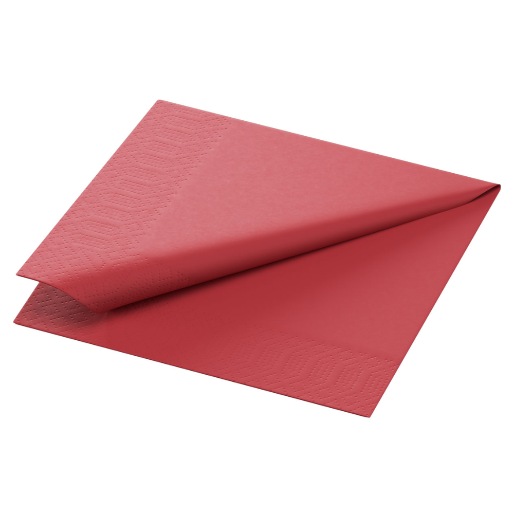 A folded tissue napkin 24 x 24 cm 3-ply from Duni GmbH, in red with a subtle embossed pattern along the edges, is shown at an angle on a white background.