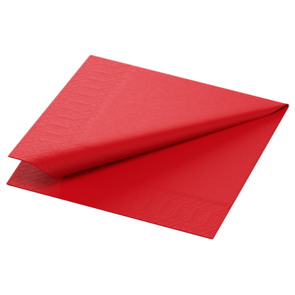 A folded red tissue napkin in the size 24 x 24 cm from Duni GmbH is presented against a plain white background, highlighting its sophisticated 3-ply design with a subtle embossed pattern along the edges.