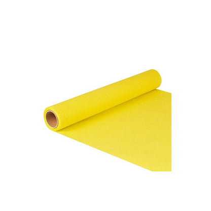 A roll of PAPSTAR table runner paper from the "ROYAL Collection" in bright yellow, with the Nordic Swan Ecolabel "Svanen", is partially unrolled, making the cardboard core visible. The smooth and bright paper lies flat on a white background.