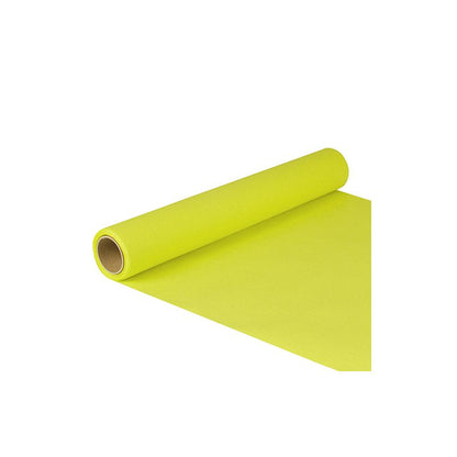 A roll of bright yellow-green paper reminiscent of the table runner tissue from PAPSTAR "ROYAL Collection" from PAPSTAR GmbH is partially unrolled on a perfectly white background, emphasizing its elegance and commitment to sustainability with FSC® certification.