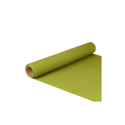 A roll of table runner tissue "ROYAL Collection" from PAPSTAR GmbH in green with the dimensions 5 by 40 centimeters is partially unrolled and presented against a white background.