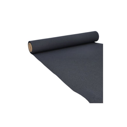 A roll of PAPSTAR table runner tissue "ROYAL Collection" in black, partially unrolled on a white background, resembles a stylish table runner. The smooth and densely woven material, with the roll edge clearly visible, adds an elegant touch to any table decoration.