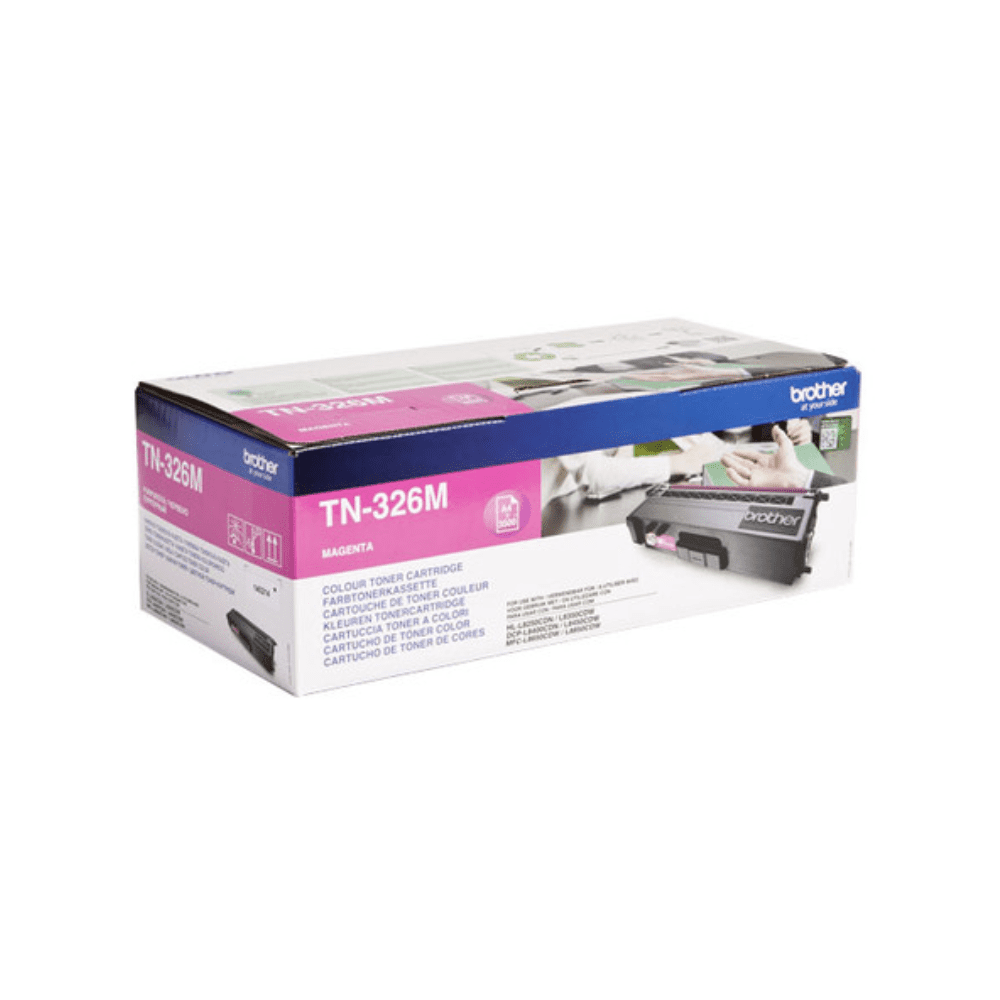A box of magenta toner cartridge Brother TN-326M against a white background with product and brand information, suitable for printers HL-L8250/MFC-L8600.