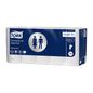 This box of Tork 110771 small roll toilet paper labeled "Advanced" features blue and white packaging adorned with toilet symbols and a roll dispenser. It contains 30 rolls, each with Advanced 2-ply durability, marked with product code 11 07 71 and a T4 indicator. Ideal for any need for small roll toilet paper.