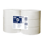Six rolls of Tork 120272 Jumbo Toilet Paper Advanced, suitable for high capacity, are stacked and packaged in a transparent wrapper. A label on the front displays product information such as brand, type, and specifications. Ideal for use in Tork dispensers.