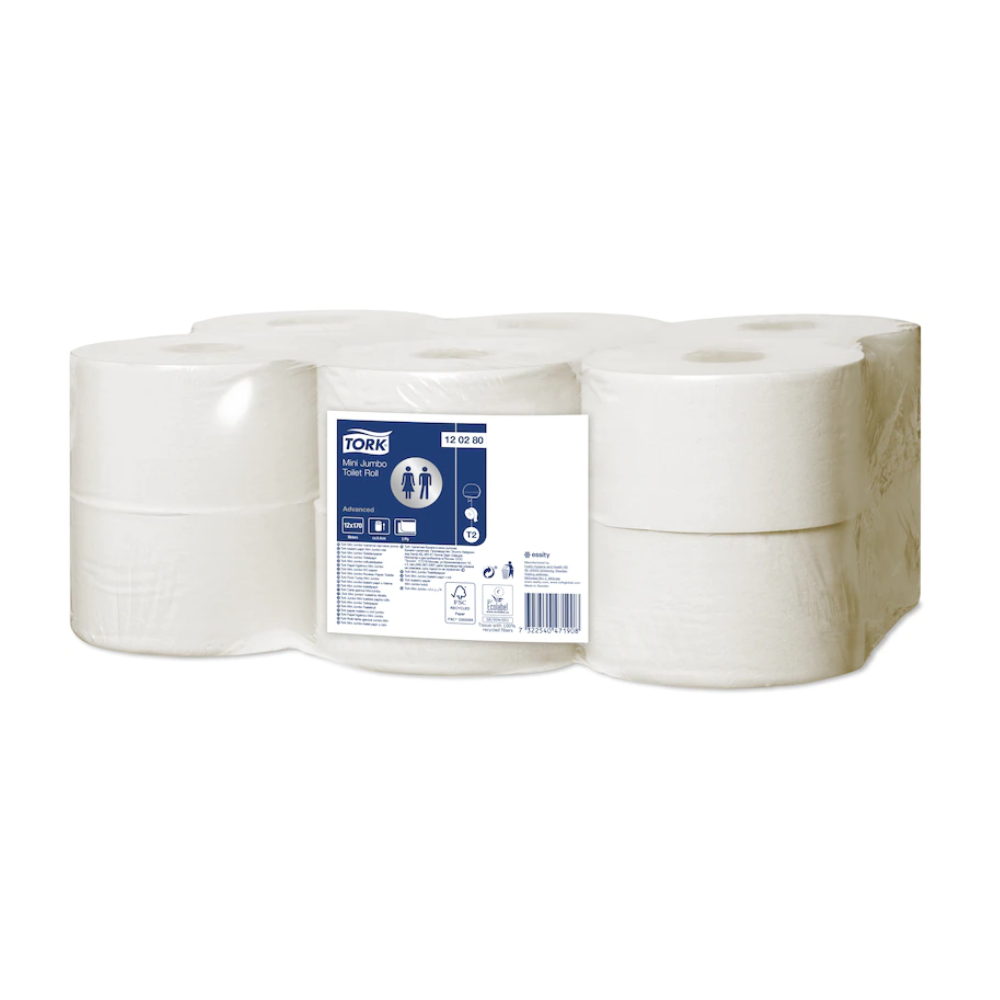 An image shows a package with eight white toilet paper rolls, whose packaging clearly displays the brand name Tork and highlights the Advanced T2 quality. The product details confirm that it is Mini Jumbo 2-ply toilet paper.