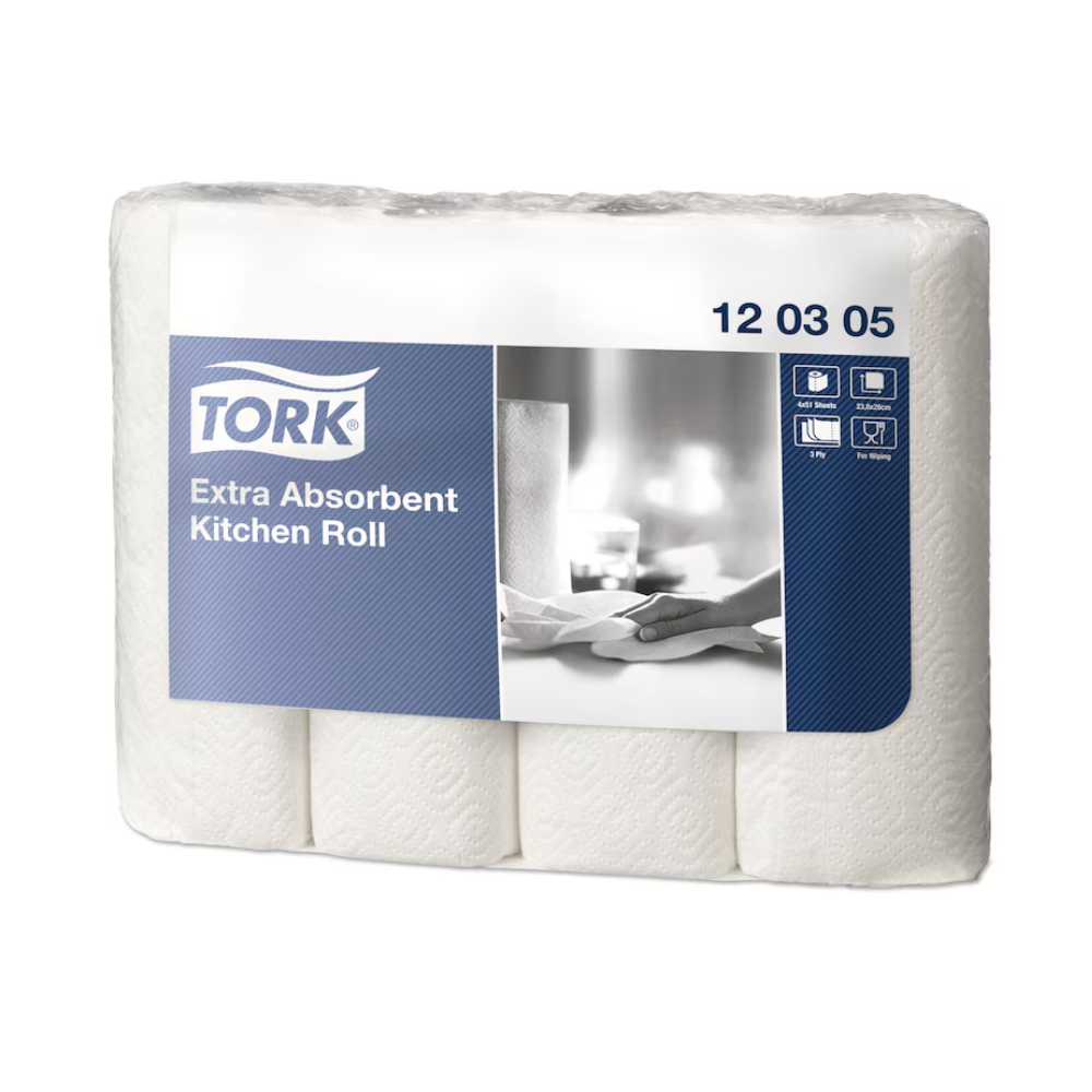 A box of Tork 120305 extra absorbent kitchen roll Premium 3-ply, manufactured by TORK – Essity Professional Hygiene Germany GmbH, contains 48 rolls. The predominantly white packaging with blue highlights features a product image, a logo, and usage symbols. The label "120305" emphasizes the extra absorbent design.