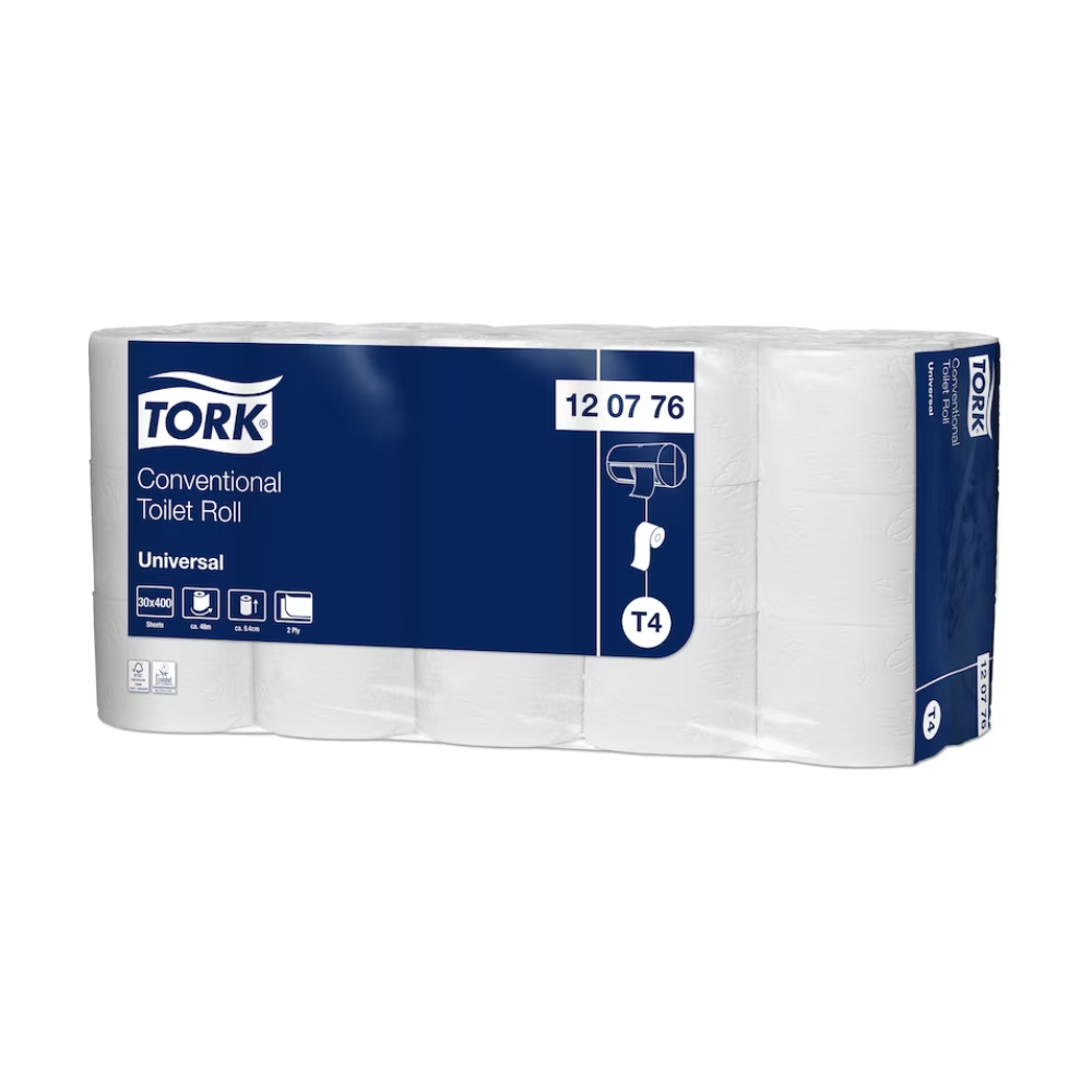 A package of Tork 120776 small roll toilet paper Universal T4 in plastic wrap, with blue and white packaging, featuring product details such as "small roll toilet paper" and "T4" as well as a small illustration of a toilet paper roll holder. The package contains 30 rolls, each with a length of 48 meters, and is manufactured by TORK – Essity Professional Hygiene Germany GmbH.