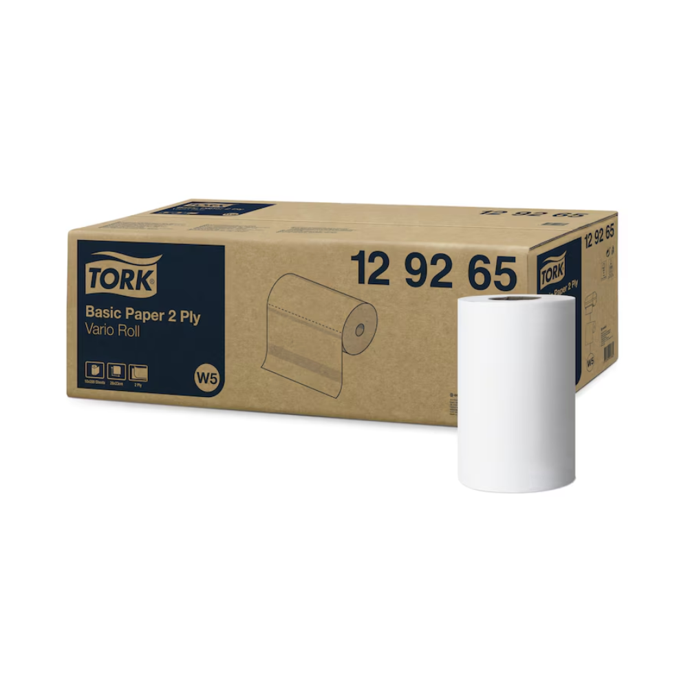 Shown is a large box with the label "Tork 129265 Standard Paper Towels Universal W5 2-ply" from TORK – Essity Professional Hygiene Germany GmbH. Next to it is a single white roll, known for its high absorbency and offering a cost-effective solution for everyday needs.