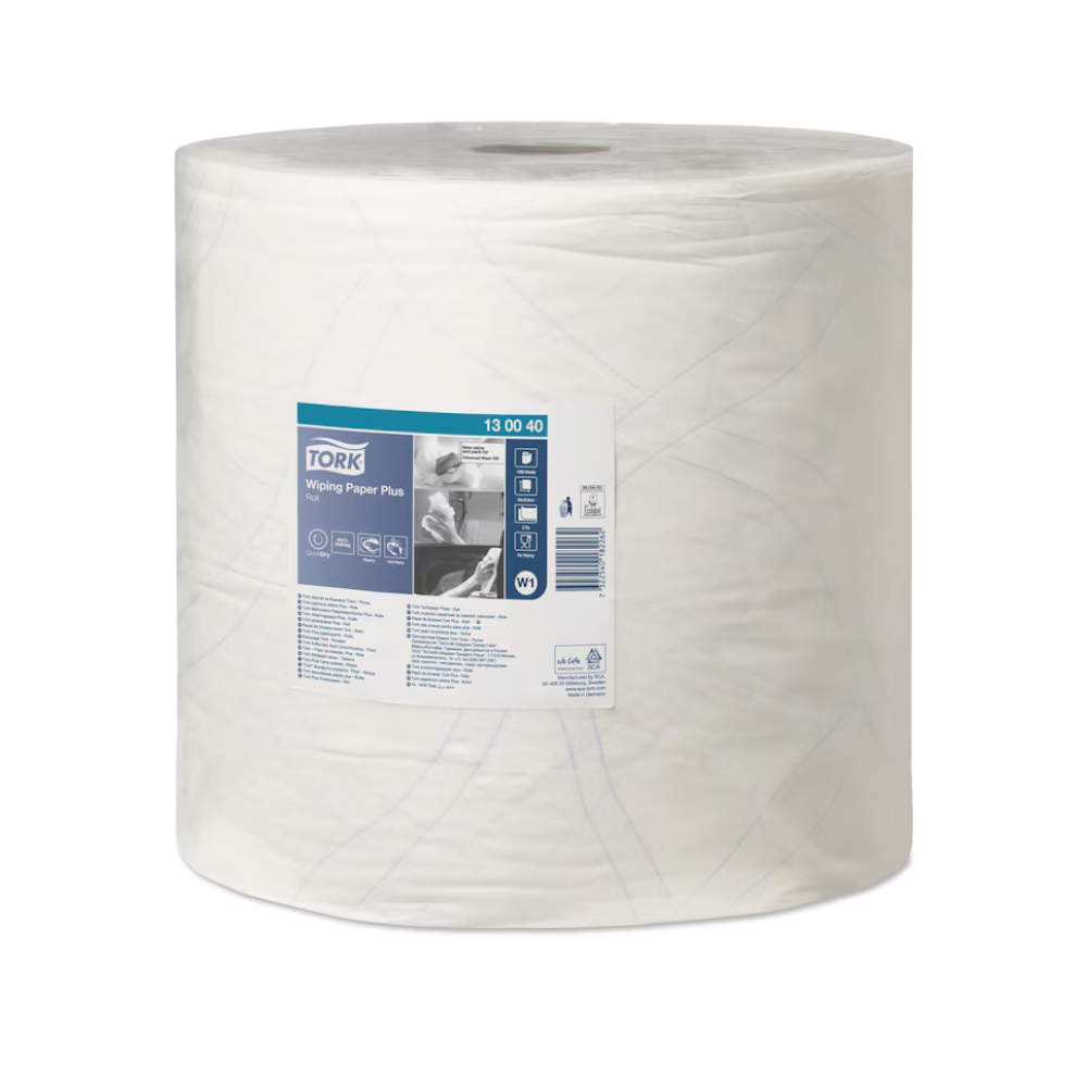 A large cylindrical white roll Tork 130040 Strong Multipurpose Paper Towels is ready for use. The label of the roll, decorated with text and symbols, contains important product details. This premium 2-ply paper from TORK – Essity Professional Hygiene Germany GmbH is thick and durable, ideal for industrial or commercial use and compatible with floor or wall mount dispensers.