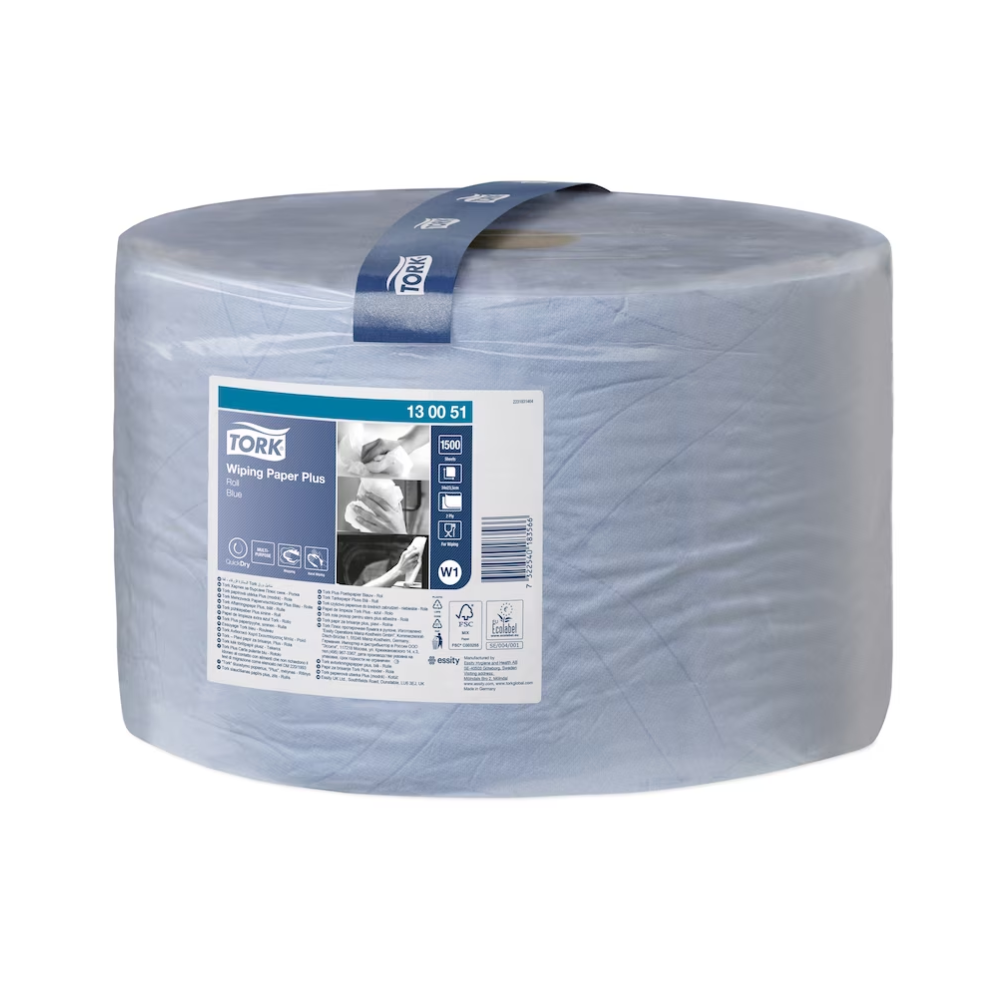 A large roll of Tork 130051 Strong Multi-Purpose Paper Wipes Premium W1 2-ply in Blue is displayed, with a label containing product details, symbols, and a QR code. This paper wipe roll is designed in QuickDry quality and features a handle on the top for easy carrying, making it an ideal fit for the premium system of TORK – Essity Professional Hygiene Germany GmbH.