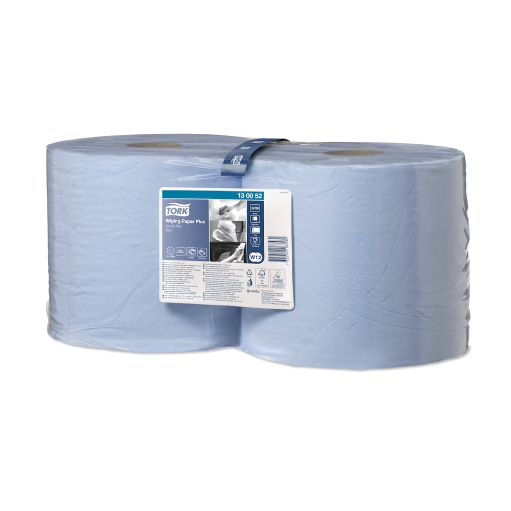 The Tork 130052 Strong Multi-Purpose Paper Wipes Premium W1+W2 2-ply, offered in a convenient box with two rolls, are characterized by high absorbency and an appealing light blue color. The label shows product details along with an image. These paper towels are perfect for use with Tork dispenser dispensers or as versatile multi-purpose wipes for various applications.