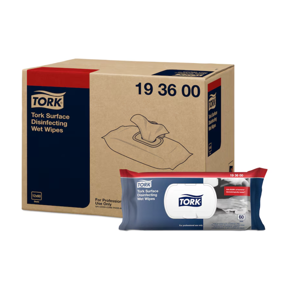 A large box labeled “Tork 193600 wet disinfectant wipes for surfaces Premium W20 | Box (12 packs)” from TORK – Essity Professional Hygiene Germany GmbH and the slogan “Surface Disinfectant” stands next to an elegant, smaller package. On this white package with blue and red accents, the wipes are depicted and the number “60” is proudly displayed.