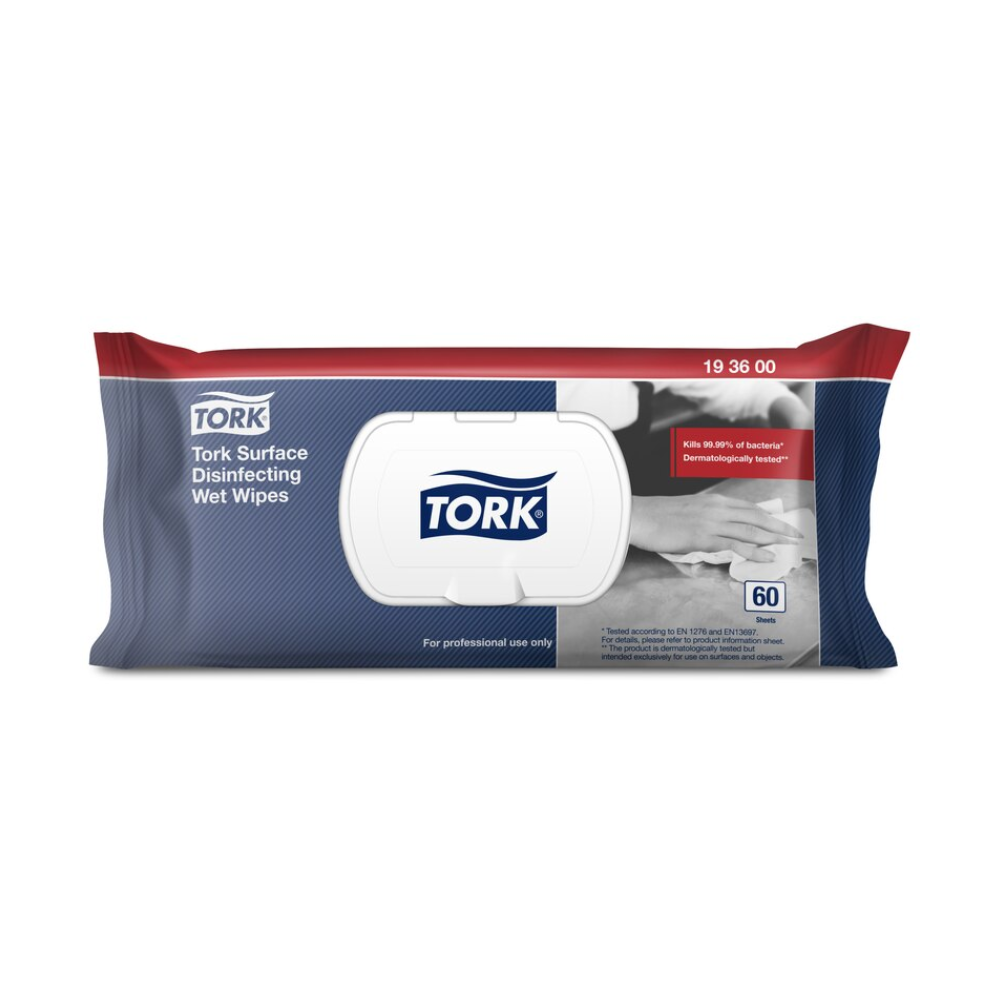 A pack of Tork 193600 wet disinfectant wipes for surfaces Premium W20 from the brand TORK – Essity Professional Hygiene Germany GmbH is presented in a mainly gray design with blue and red accents. It promises to “kill 99.99% of all bacteria” and contains 60 wipes per pack with the label “For professional use only,” making it an excellent choice for surface disinfectants.