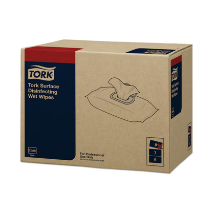 On a large box labeled “Tork 193600 wet disinfectant wipes for surfaces Premium W20,” a pack of wet wipes is depicted. It contains 12 packs, each designed for professional use as ideal surface disinfectants. The brand TORK – Essity Professional Hygiene Germany GmbH represents high-quality surface disinfectant wipes.