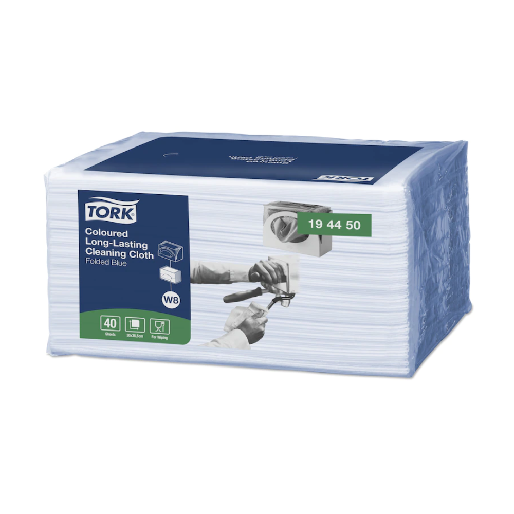 A carton with 8 packs of Tork 194450 durable colored cleaning cloths, under the brand name TORK by Essity Professional Hygiene Germany GmbH, shows the image of a hand cleaning a surface. Each pack contains 40 multifunctional cloths in folded blue color, with each cloth measuring 32.4 x 38.5 cm.