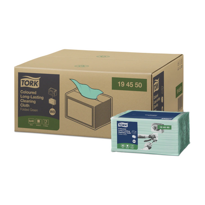 A pack of Tork 194450 durable colored cleaning cloths in green is shown. In the background, the carton is visible, labeled with the product number 19 45 50 and an illustration of the dispensed cloths.