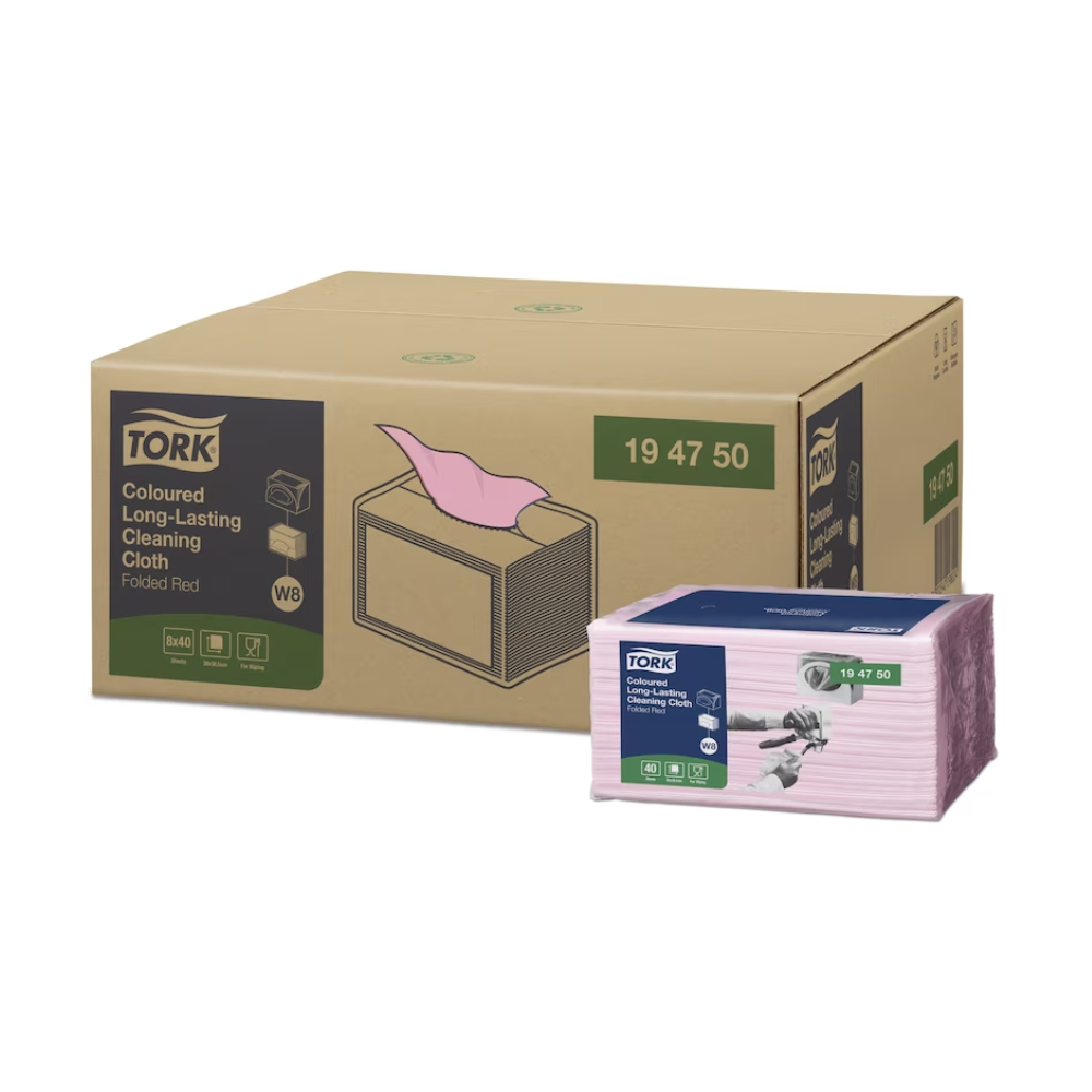 Displayed is a Tork 194450 carton containing eight packages of durable, colored cleaning cloths. Each package contains images and details highlighting the pink, multifunctional cloths from TORK – Essity Professional Hygiene Germany GmbH, designed for long-lasting use.