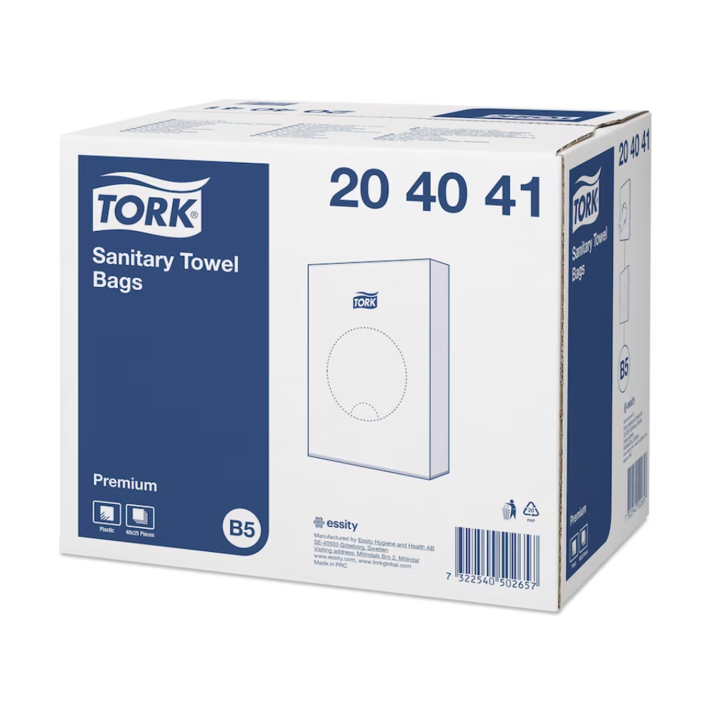 A box of Tork 204041 hygiene bags White B5 contains 48 packs and is designed for feminine hygiene disposal. The box is predominantly in blue and white colors and features the product branding as well as an illustration of the contents. The Essity logo is prominently placed on the side and is ideal for improving washroom hygiene.