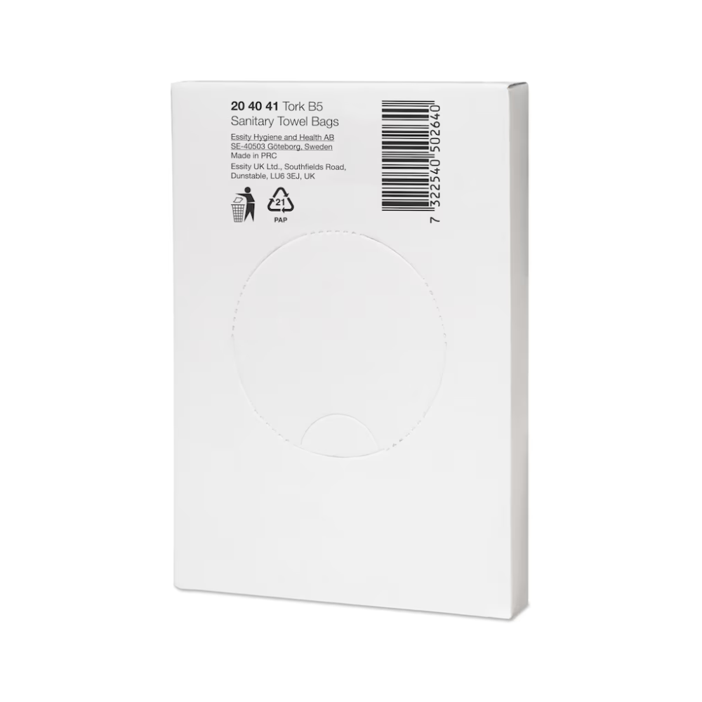 The image shows a white package with the inscription "Tork 204041 hygiene bags White B5 | Box (48 packs)" from the brand TORK - Essity Professional Hygiene Germany GmbH, which is intended for feminine hygiene disposal. It contains recycling and disposal symbols, features a barcode in the upper right corner, and mentions that it is manufactured in Sweden and the United Kingdom to meet basic washroom hygiene requirements.