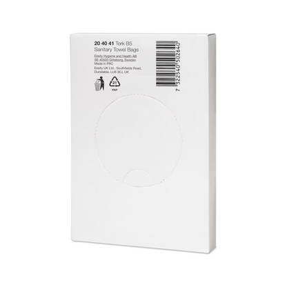 The image shows a white package with the inscription "Tork 204041 hygiene bags White B5 | Box (48 packs)" from the brand TORK - Essity Professional Hygiene Germany GmbH, which is intended for feminine hygiene disposal. It contains recycling and disposal symbols, features a barcode in the upper right corner, and mentions that it is manufactured in Sweden and the United Kingdom to meet basic washroom hygiene requirements.