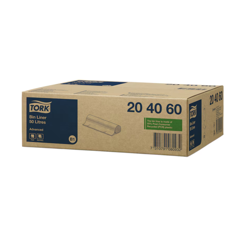 A box labeled "Tork 204060 Trash Bags 50 l Transparent B1" from TORK – Essity Professional Hygiene Germany GmbH features a capacity indicator of 20, 40, 60. It is designed for advanced recycling and is made from 100% recycled material. The dimensions (61.5 x 89.5 cm) and the barcode are visible on the side, making it perfect for effective waste management.