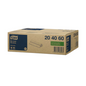 A box labeled "Tork 204060 Trash Bags 50 l Transparent B1" from TORK – Essity Professional Hygiene Germany GmbH features a capacity indicator of 20, 40, 60. It is designed for advanced recycling and is made from 100% recycled material. The dimensions (61.5 x 89.5 cm) and the barcode are visible on the side, making it perfect for effective waste management.