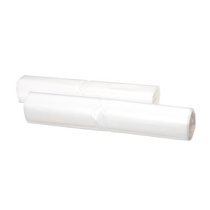 Two rolls of transparent Tork 204060 trash bags made from recycled material are placed side by side against a simple white background.