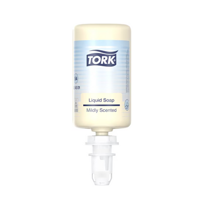 A transparent bottle of Tork 424501 liquid soap with a mild fragrance and dermatologically tested formula is upside down, with the dispensing nozzle clearly visible at the bottom. The brand name "TORK" from Essity Professional Hygiene Germany GmbH is clearly visible on the blue and white label.
