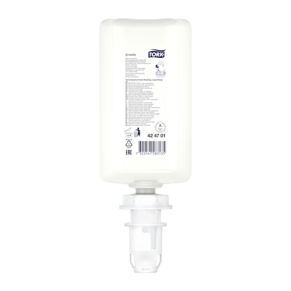 A white refill bottle of Tork 424701 Sensitive Liquid Soap from TORK – Essity Professional Hygiene Germany GmbH has a transparent dispensing nozzle at the bottom. The label indicates the skin-friendly formula and contains product information as well as a barcode.
