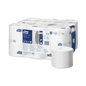A pack of Tork 472139 Optiserve extra soft coreless Midi toilet paper Premium T7 3-ply from TORK - Essity Professional Hygiene Germany GmbH contains several coreless rolls with the product name and logo. A single Premium T7 roll is elegantly positioned in front of it.