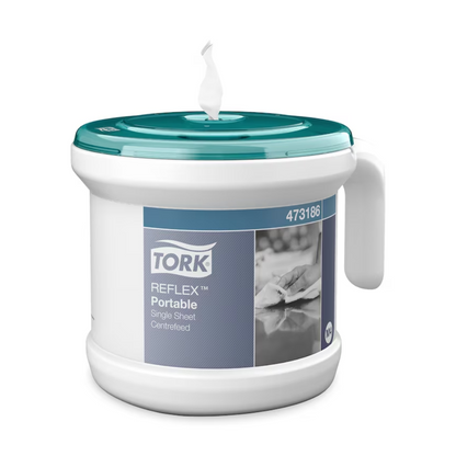 The Tork 473186 Portable Reflex™ Single Sheet Centerfeed Dispenser M4 from TORK - Essity Professional Hygiene Germany GmbH features a blue-green lid and handle, ideal for preventing cross-contamination. Its white design shows a label with the product name and an image of a person using a cloth.