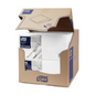 In a box are Tork 477149 Lunch Napkins White Advanced 1/4-Fold 2-ply. In the open box, you will find neatly packed white, two-ply lunch napkins. The eco-friendly packaging clearly displays the Tork logo and the brand of Essity Professional Hygiene Germany GmbH.