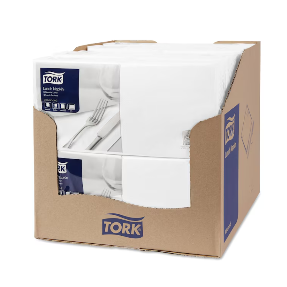 Displayed is an open-top box containing multiple packs of Tork 477149 Lunch Napkins White Advanced 1/4-Fold 2-ply. Both the box and the napkin packaging clearly show the Tork logo, emphasizing their eco-friendly design.