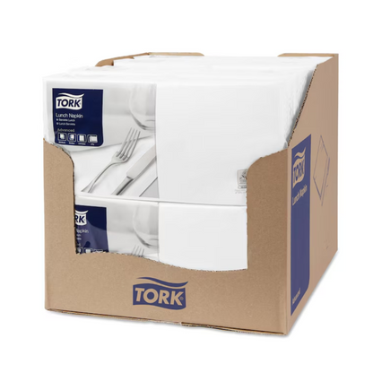 Displayed is an open-top box containing multiple packs of Tork 477149 Lunch Napkins White Advanced 1/4-Fold 2-ply. Both the box and the napkin packaging clearly show the Tork logo, emphasizing their eco-friendly design.