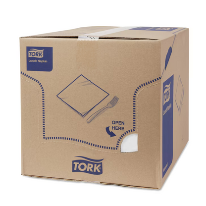 A large box labeled "Tork 477149 Lunch Napkins White Advanced 1/4-Fold 2-ply" shows the logo of TORK – Essity Professional Hygiene Germany GmbH. The blue and white packaging emphasizes the eco-friendliness of the 2-ply lunch napkins and features an "Open Here" instruction as well as a perforated opening on the front.