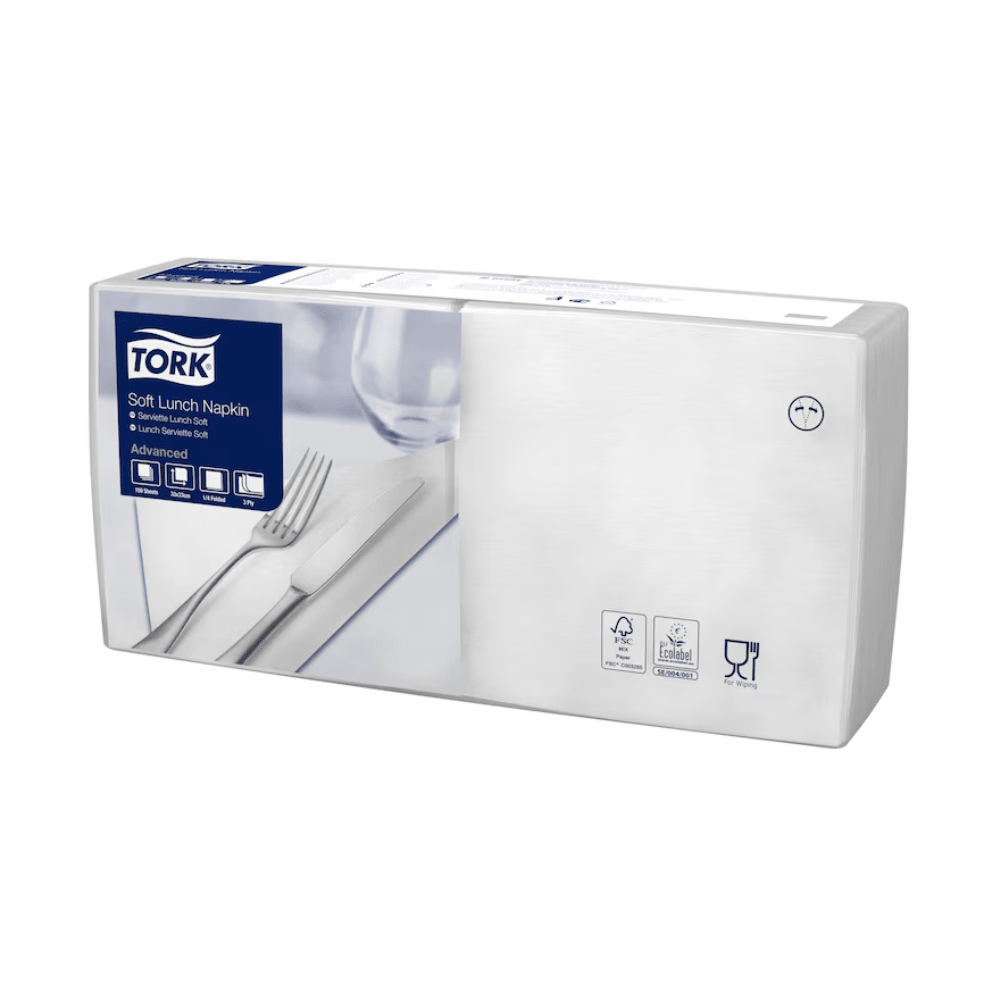 The packaging for the Tork 477414 Soft Lunch Napkins, White, Advanced, 3-ply | Carton (10 packs) features a neatly folded napkin with cutlery and highlights its 3-ply design. The product details highlight the Advanced softness and the FSC and food-contact safety certifications, and confirm that these napkins are industrially compostable.