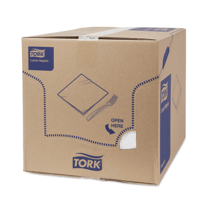 The box for Tork 477414 Soft Lunch Napkins, White, Advanced, 3-ply features blue text and symbols, including a “Open Here” cutout next to images of a napkin and a fork. The box is sealed with white adhesive tape and clearly displays the TORK branding of Essity Professional Hygiene Germany GmbH on several sides. It contains industrially compostable 3-ply napkins.