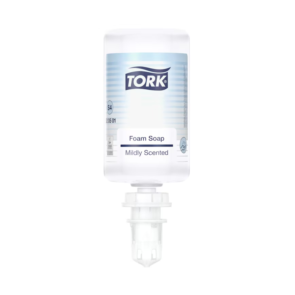 A clear 1000 ml refill bottle "Tork 520501 Mild Scented Foam Soap Premium S4" by Essity features a white-blue label, a dispensing nozzle at the bottom, and stands upright on a white background.