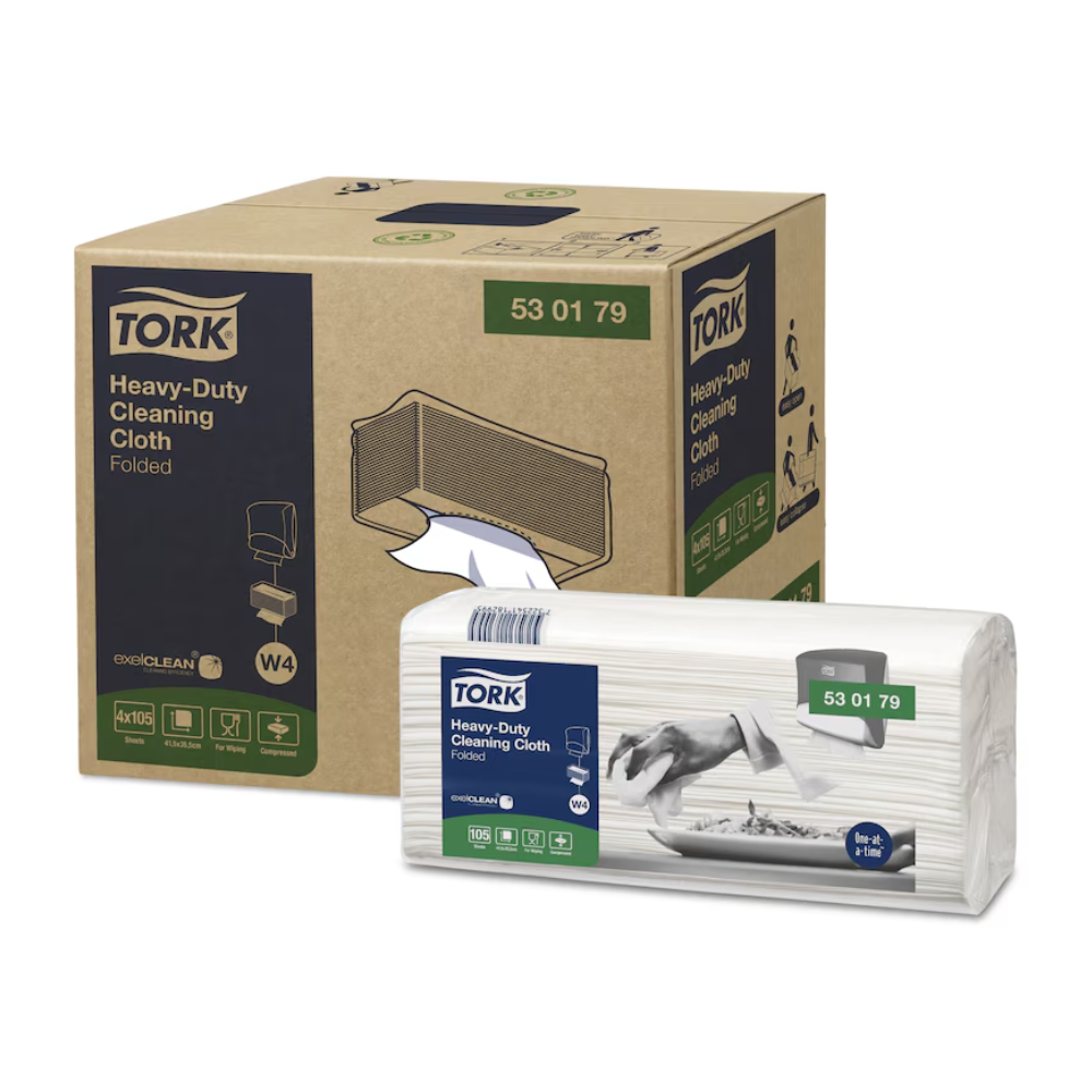 The image shows a box and packaging with Tork 530179 Extra-Strong Cleaning Cloths Premium W4, manufactured by Essity Professional Hygiene Germany GmbH. A hand is seen using these durable cleaning cloths, which are ideal for removing oil and grease. Both the packaging and the box feature a green label with the product number 53 01 79 as well as environmental labels and information on exelCLEAN® technology.
