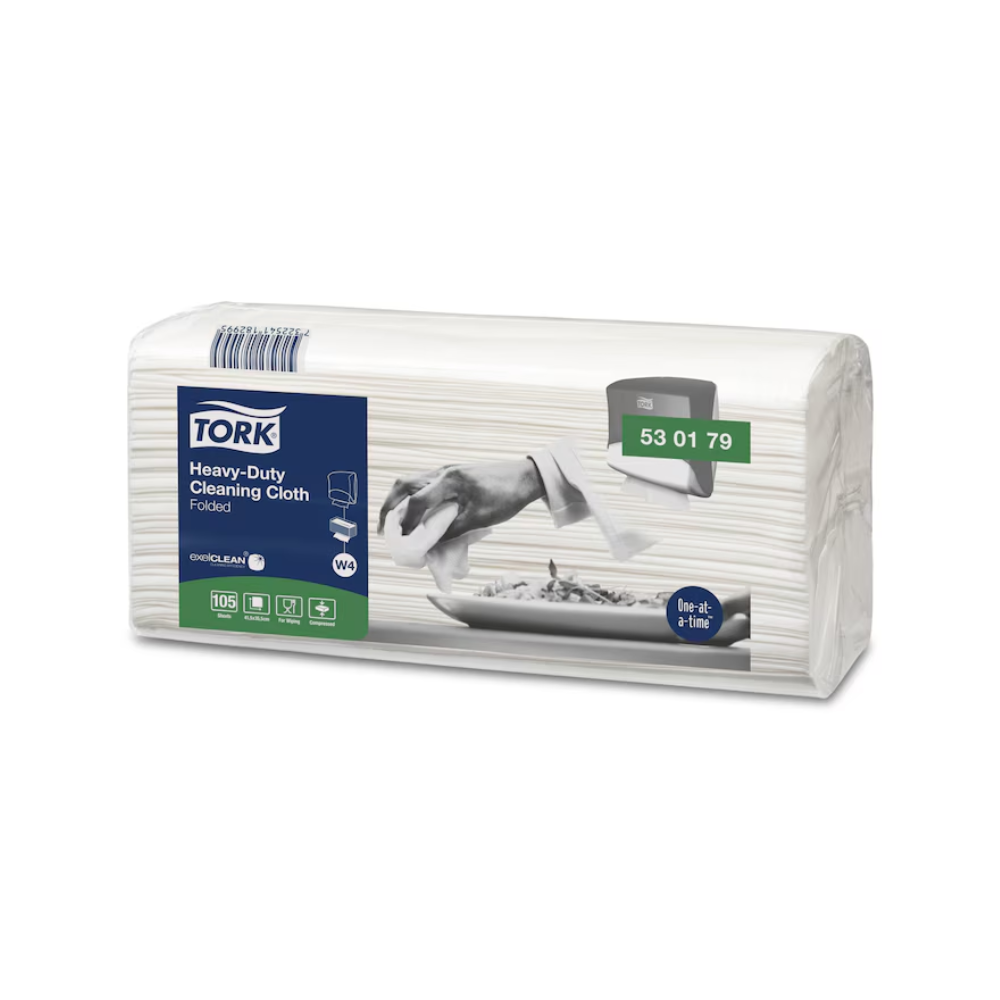 The Tork 530179 Extra-Strong Cleaning Cloths, manufactured by TORK – Essity Professional Hygiene Germany GmbH, display a white-gray design with the image of a hand using the cloth. These Premium W4 cloths, packaged in boxes of four packs each, are equipped with exelCLEAN® technology for effective oil and grease removal and can be conveniently dispensed individually.