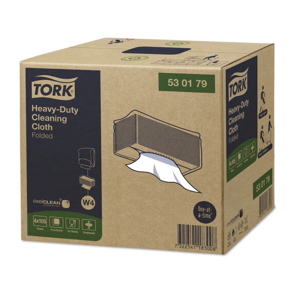 Displayed is a box with Tork 530179 Extra-Strong Cleaning Cloths Premium W4 with exelCLEAN® technology, whose dispenser opening shows a partially pulled-out cloth. The box contains product information and symbols highlighting the cloth's suitability for heavy cleaning tasks and the removal of oil and grease. The product is offered by TORK - Essity Professional Hygiene Germany GmbH.