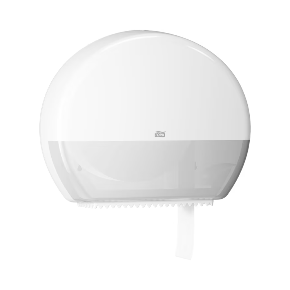 The Tork 554000 dispenser for jumbo toilet paper Elevation T1 from TORK, provided by Essity Professional Hygiene Germany GmbH, is a white, wall-mounted toilet paper dispenser with a translucent lower part. It is designed for high-traffic washrooms (washrooms with high visitor frequency) to efficiently monitor the jumbo toilet paper roll inside.