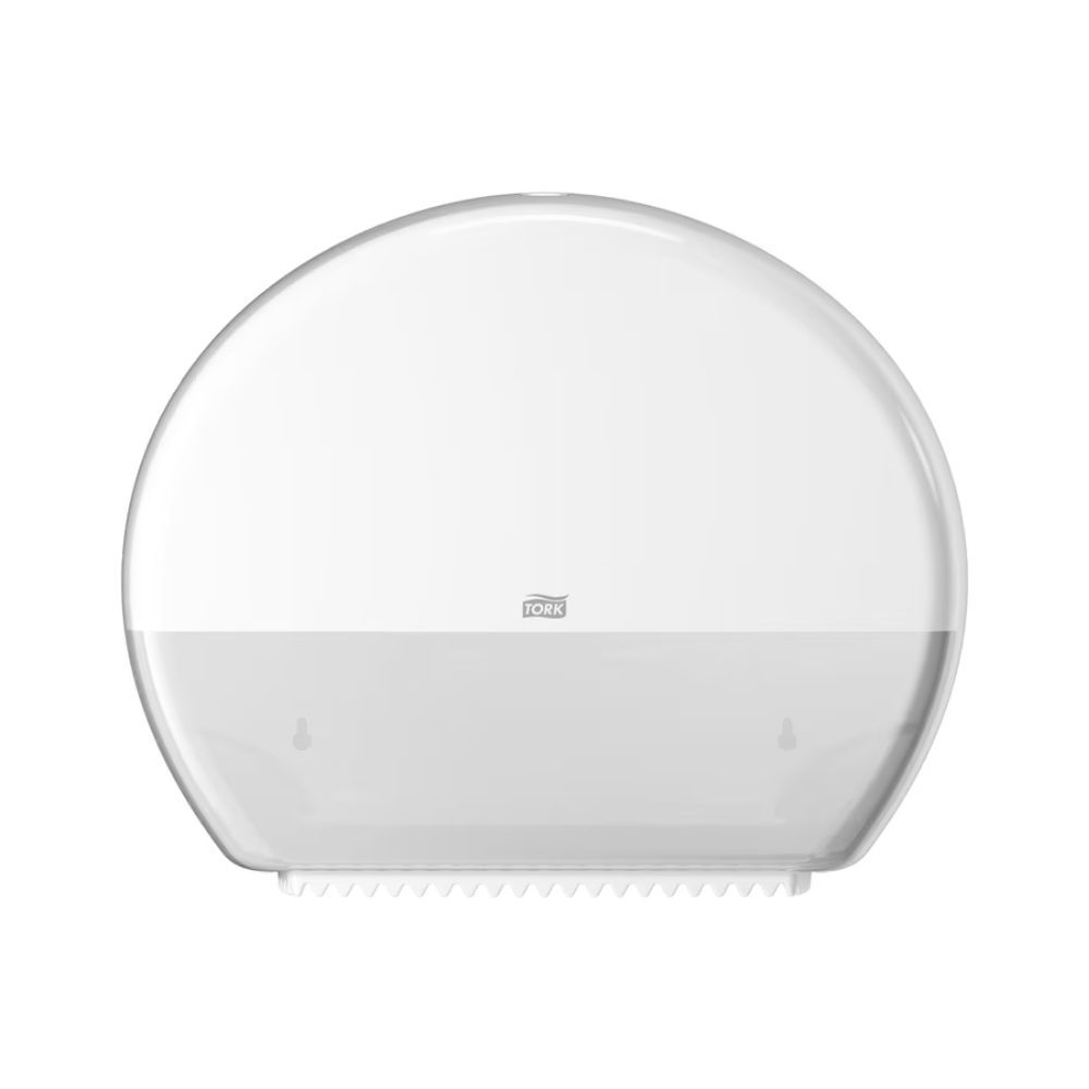 The Tork 554000 dispenser for jumbo toilet paper Elevation T1 from Essity Professional Hygiene Germany GmbH is a round, white plastic dispenser for jumbo toilet paper with a translucent lower half, ideal for washrooms with high visitor volume. Its smooth exterior features a small logo in the center, allowing easy monitoring of the paper level inside.