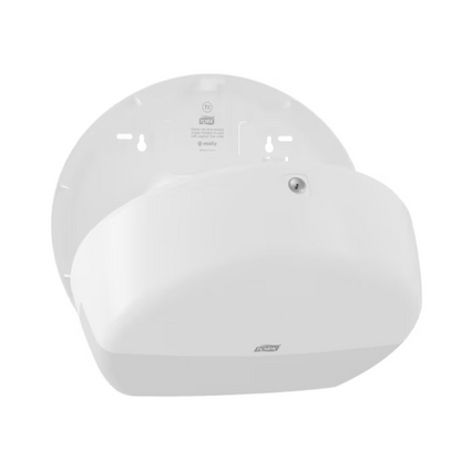 The Tork 555000 dispenser for Mini Jumbo Toilet Paper Elevation T2 from TORK - Essity Professional Hygiene Germany GmbH features a sleek, curved Elevation design with a key lock on the front. It has screw holes for easy installation and displays a logo on the front that complements your space with modern elegance.