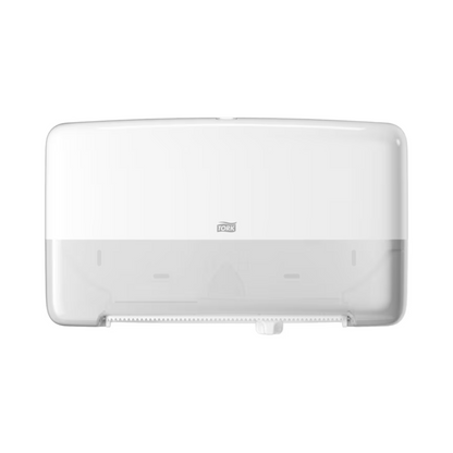 A wall-mounted paper towel dispenser with a transparent section for easy viewing of the contents, resembling the sleek design of the Tork 555500 Twin Roll Dispenser for Mini Jumbo Toilet Paper T2. This product has a rectangular shape with a horizontal orientation and a small logo in the center.