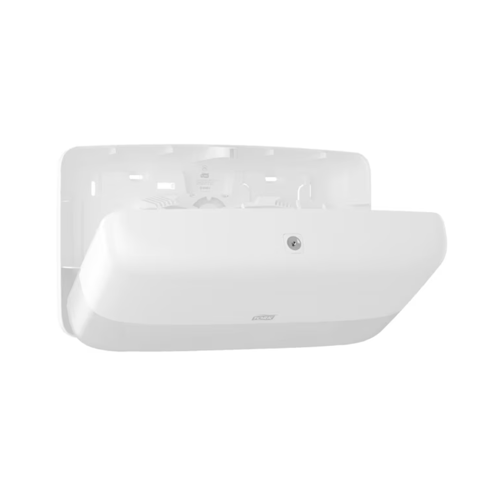 A white, rectangular wall unit from the TORK - Essity Professional Hygiene Germany GmbH series with a smooth, curved design. A logo is visible on the front and a sensor for easy activation is present. The model features a recessed area for efficient use.