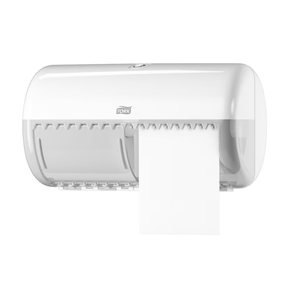 The Tork 557000 dispenser for small roll toilet paper Elevation T4 from TORK - Essity Professional Hygiene Germany GmbH presents itself in an elegant white wall design with a smooth, rounded surface. Its transparent lower part allows you to effortlessly monitor the toilet paper level, combining functionality with style.