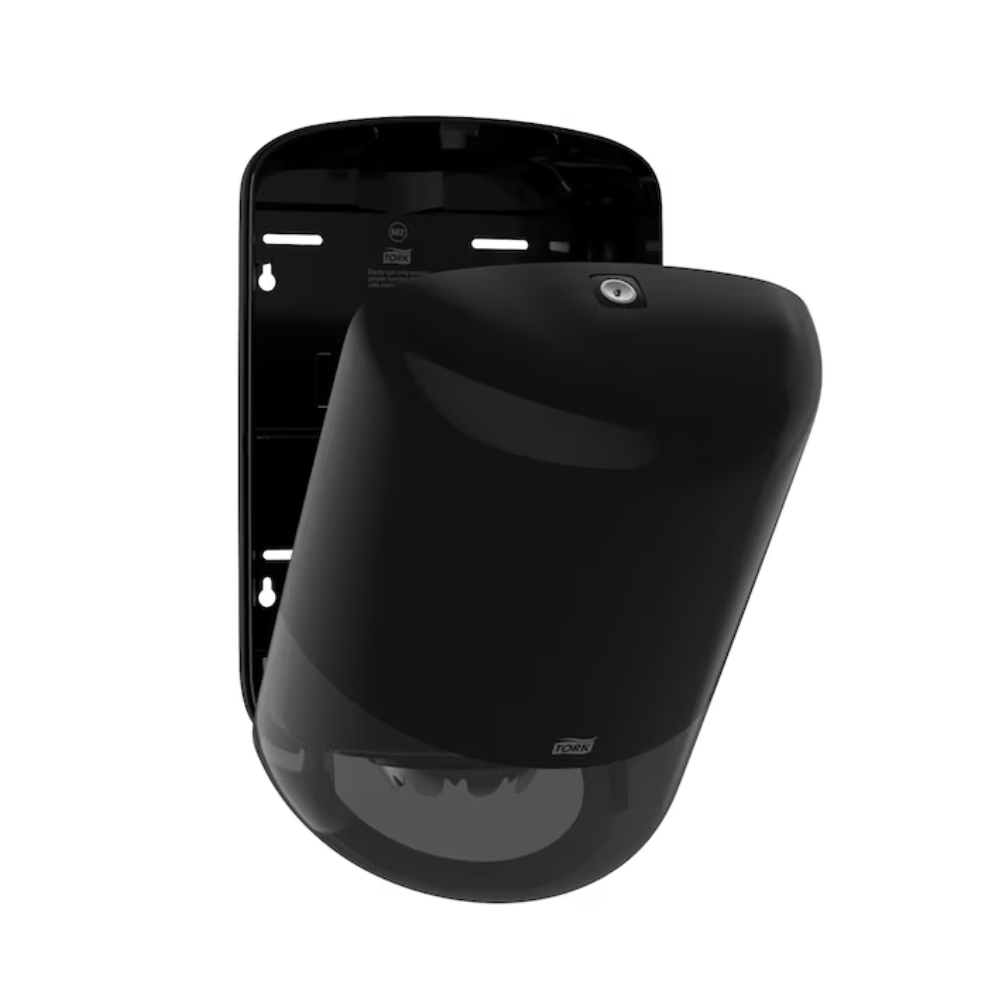 The Tork 559008 Elevation M2 internal roll dispenser from Essity Professional Hygiene Germany GmbH presents itself in an elegant and rounded black design for wall mounting. It has a slightly open front cover that indicates its large capacity, all against a simple white background that emphasizes its modern and stylish look.