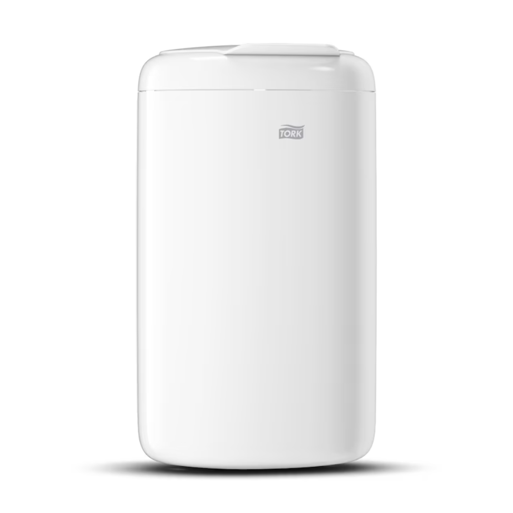 This Tork 564000 Mini Waste Bin Elevation 5 Liter B3 from Essity Professional Hygiene Germany GmbH is a white, cylindrical waste bin with the Tork logo on the front. It offers a sleek and clean design that enhances any room with its hygienic waste disposal features and seems to be made of durable plastic.